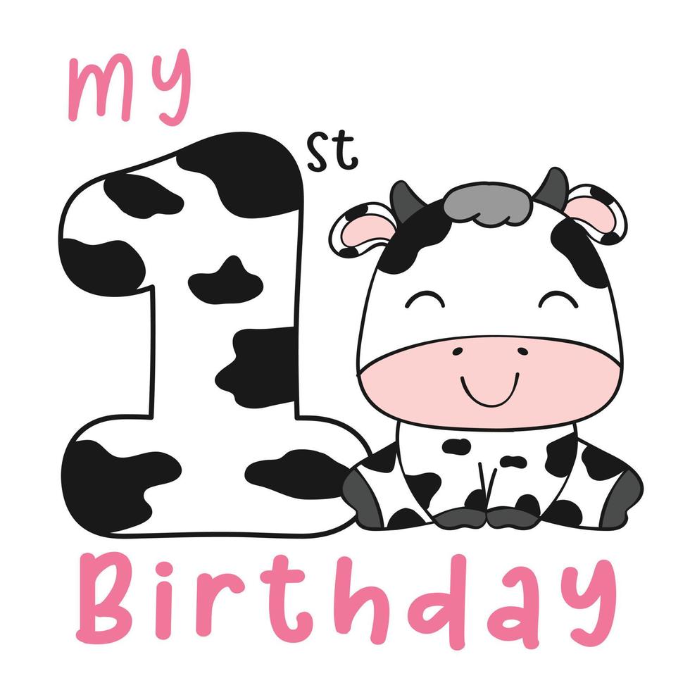 primera tarjeta de felicitación de cumpleaños, vaca bebé sentada con el número uno, clipart de granja de animales de cumpleaños para camiseta imprimible vector