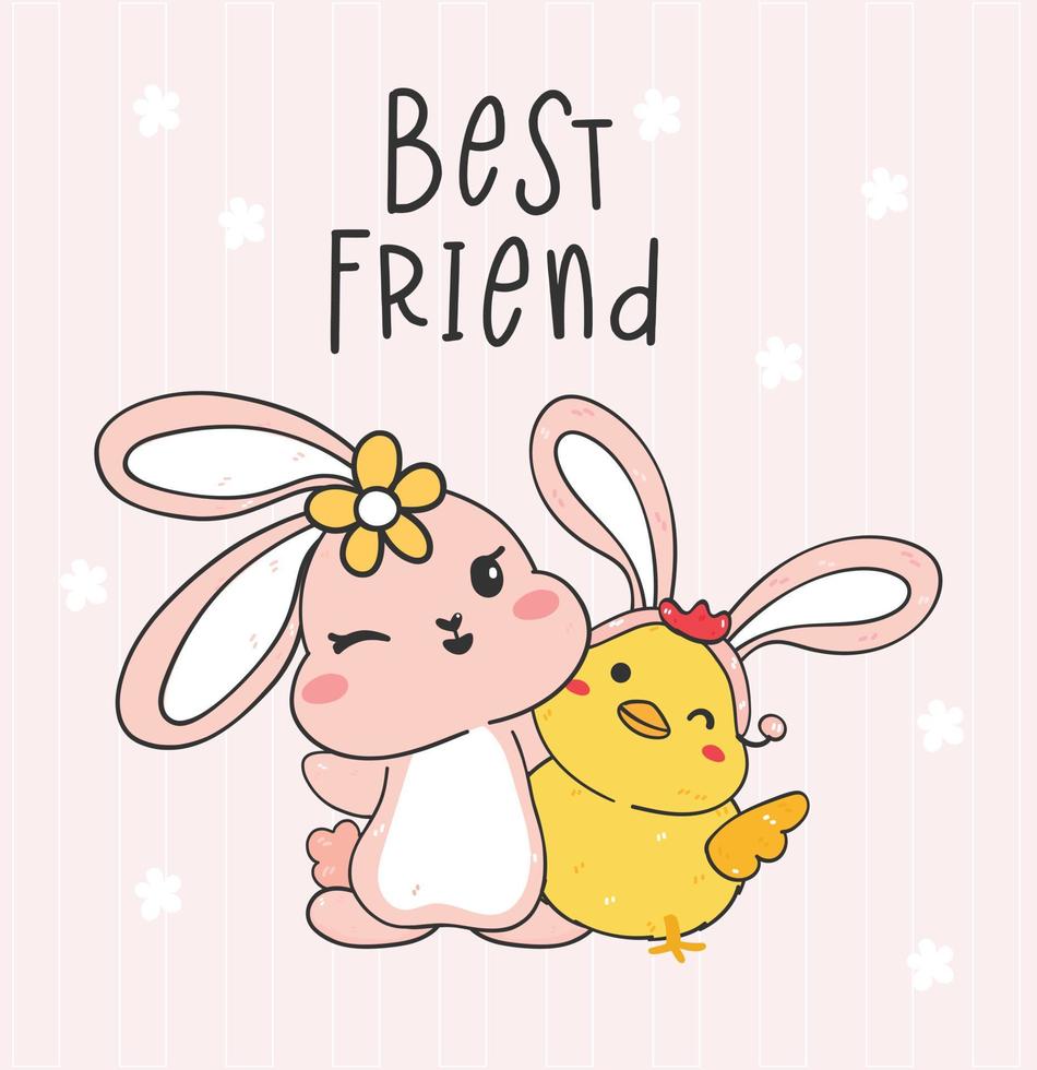 Happy Easter greeting card, best friend bunny and chick cartoon drawing illustration vector