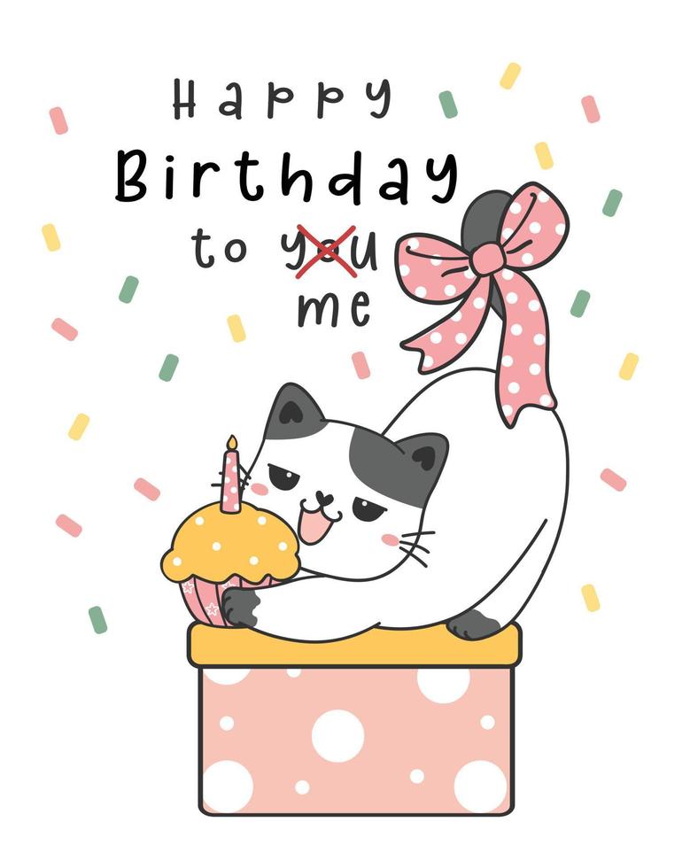 happy purfect birthday greeting card, cute funny playful kitty cat on present box with bow, Happy birthday to me, animal pet cartoon drawing vector