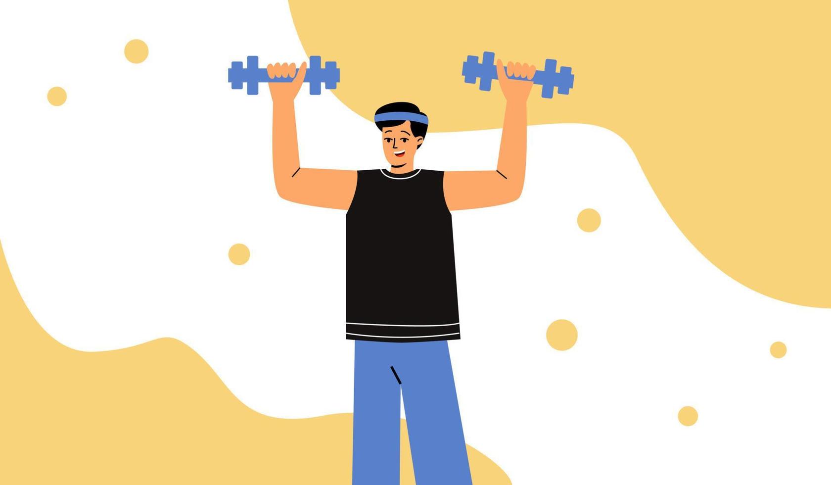 A man holds dumbbells in his hands. A man does sports. Exercises for the hands vector