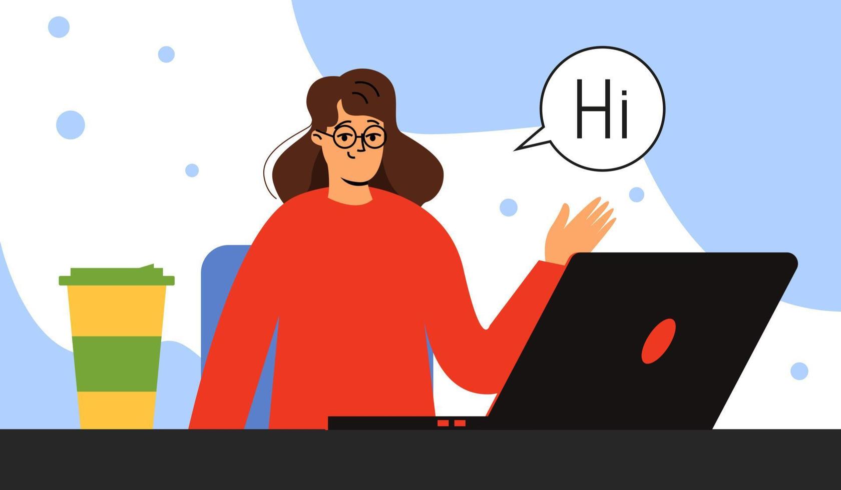 The girl is working on a laptop. Online communication, video communication. Remote work, study vector