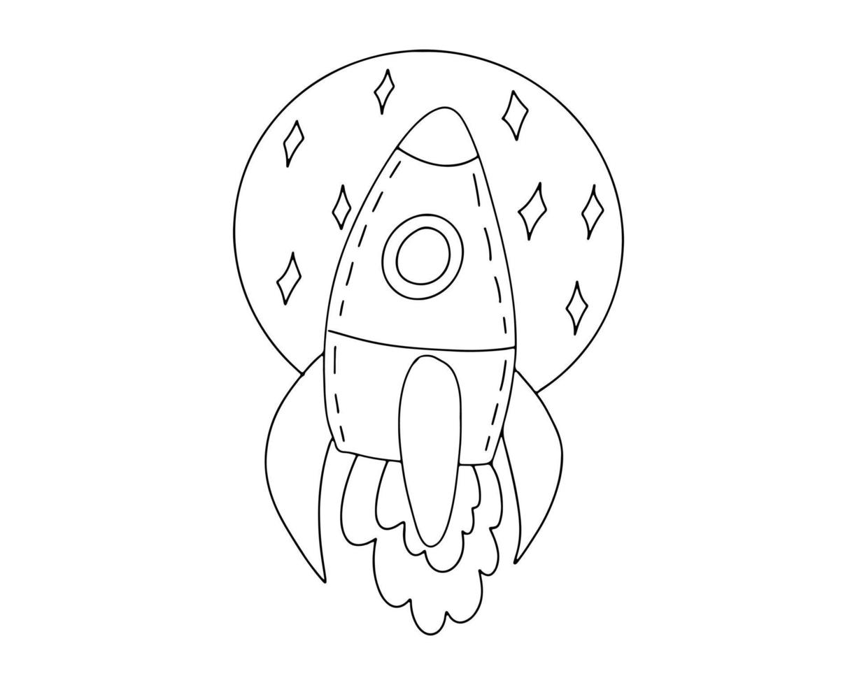 A vector rocket among the stars. The doodle icon is drawn with a black outline