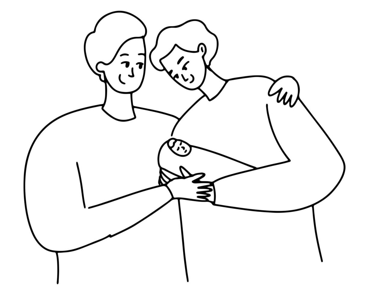 A couple of young parents with babies. Outline drawing vector