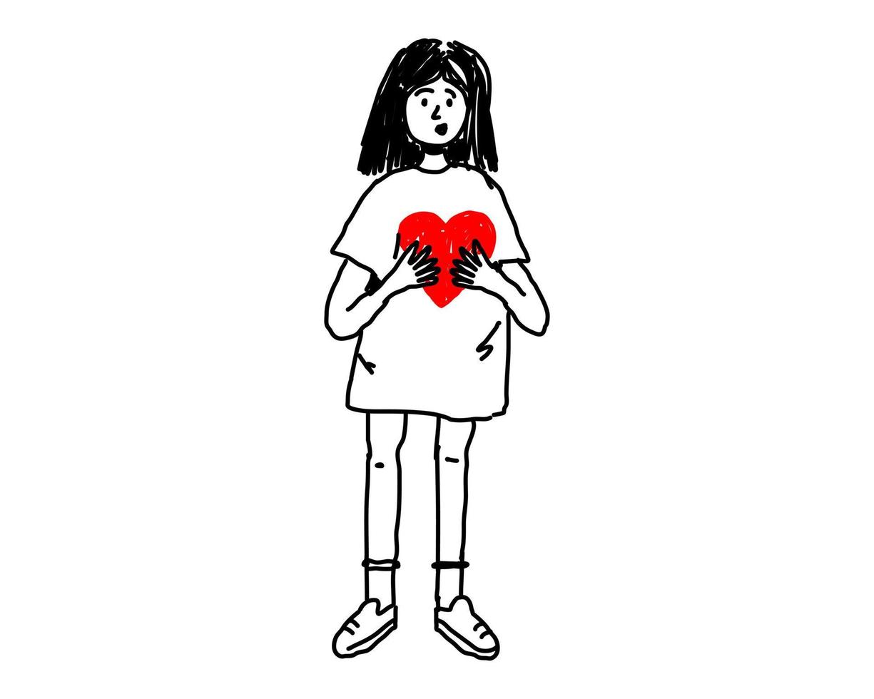 the girl holds a red heart in her hands. The concept of love for the world. Vector outline by hand