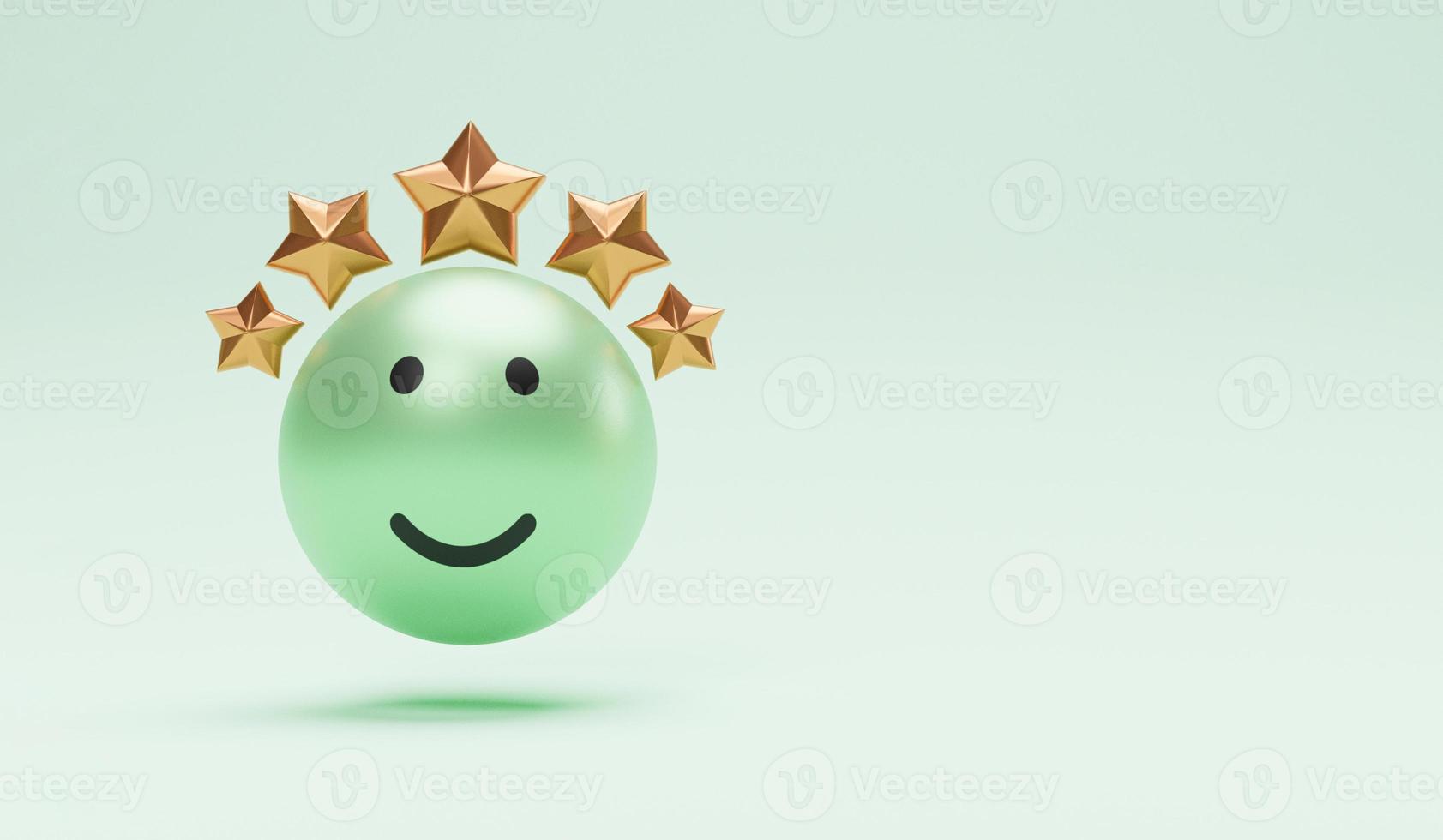 Realistic smile face with five golden stars for customer or client evaluate after use product and service by use telephone application. 3d render technique. photo
