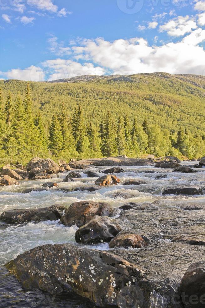 River of Rjukandefossen waterfall with mountain and sunset, Hemsedal, Norway. photo