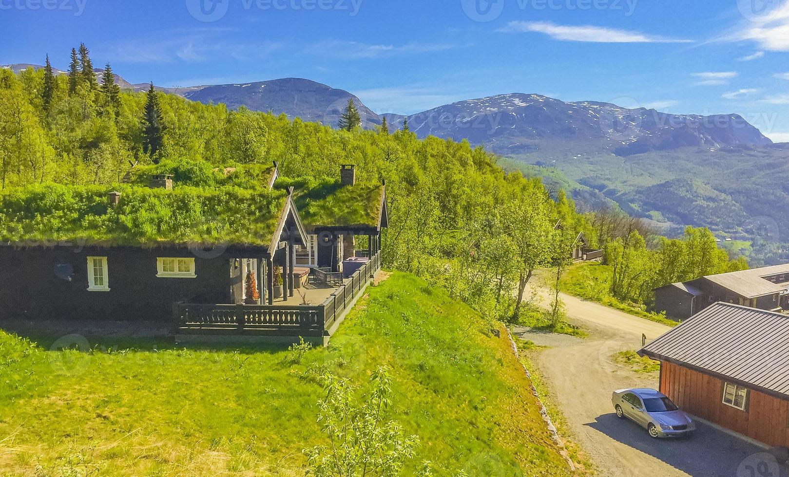 Beautiful panorama Norway Hemsedal Skicenter with Mountains cabin and huts. photo