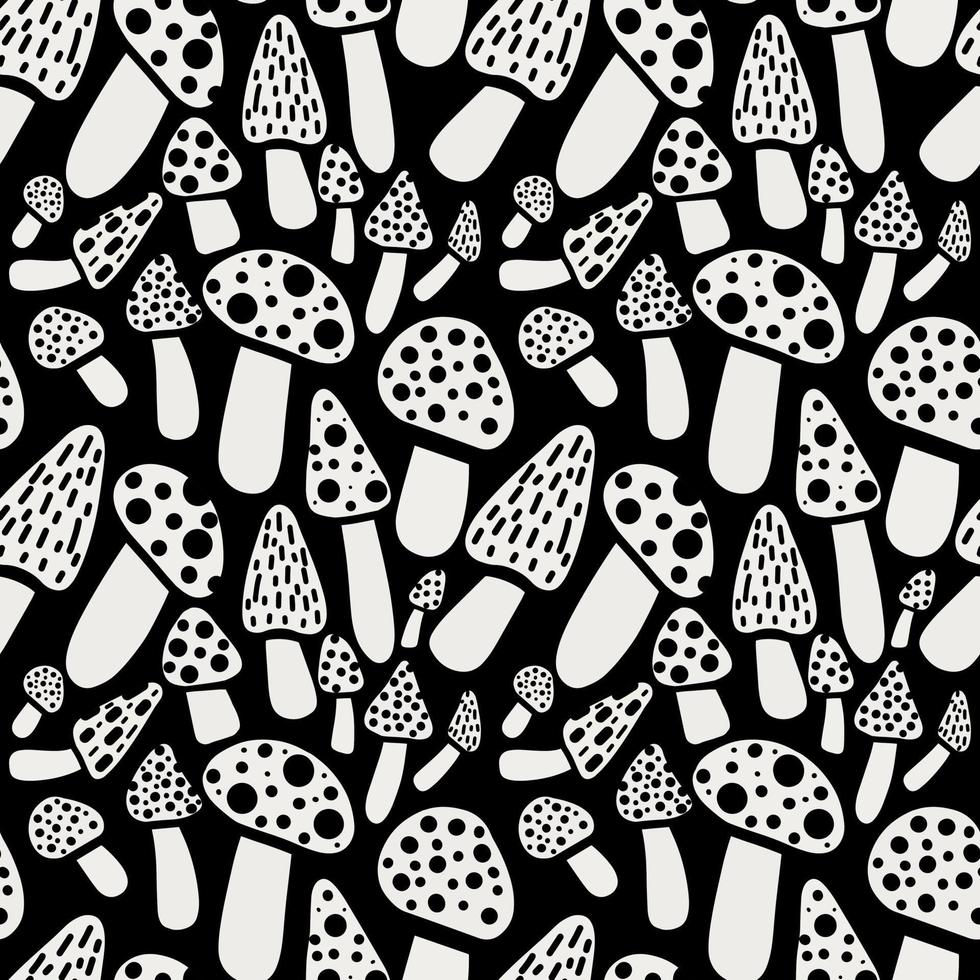 Black and white seamless pattern with wild mushrooms and toadstools. Vector illustration