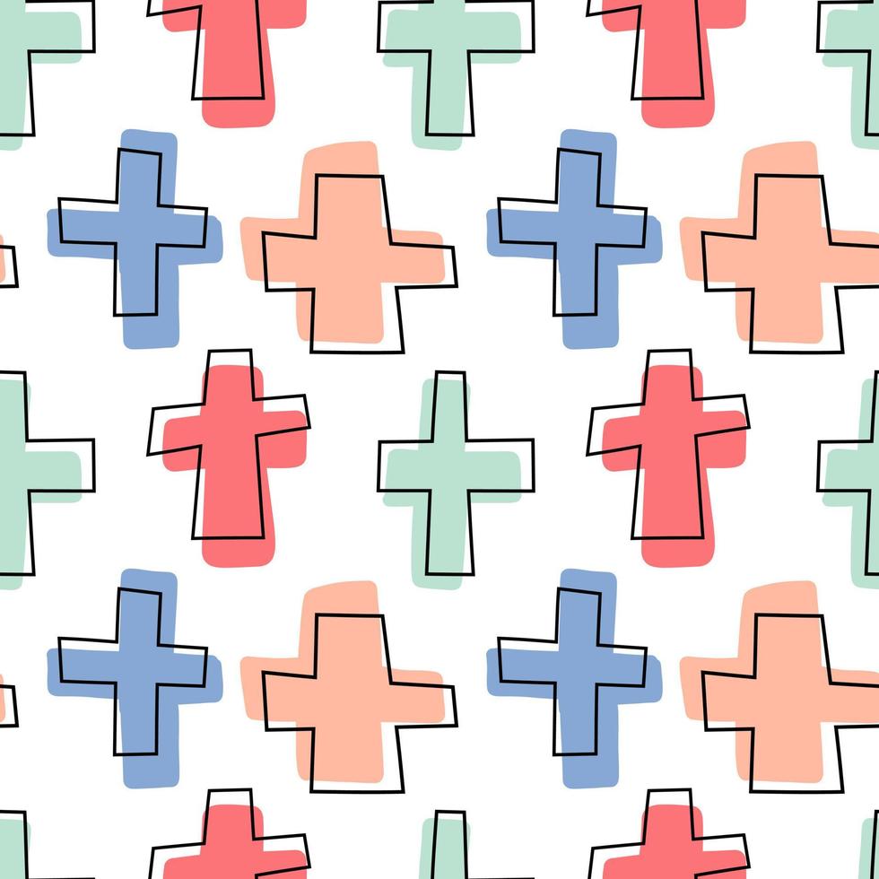 Seamless background with multi-colored crosses in linear style vector