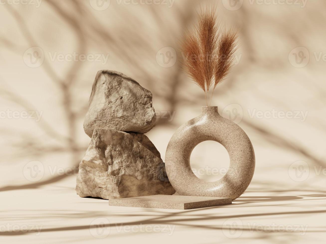 3d minimal display podiums with dried grass in donut jar and stones on beige background. 3d rendering of abstract presentation for product advertising. 3d minimal illustration. photo