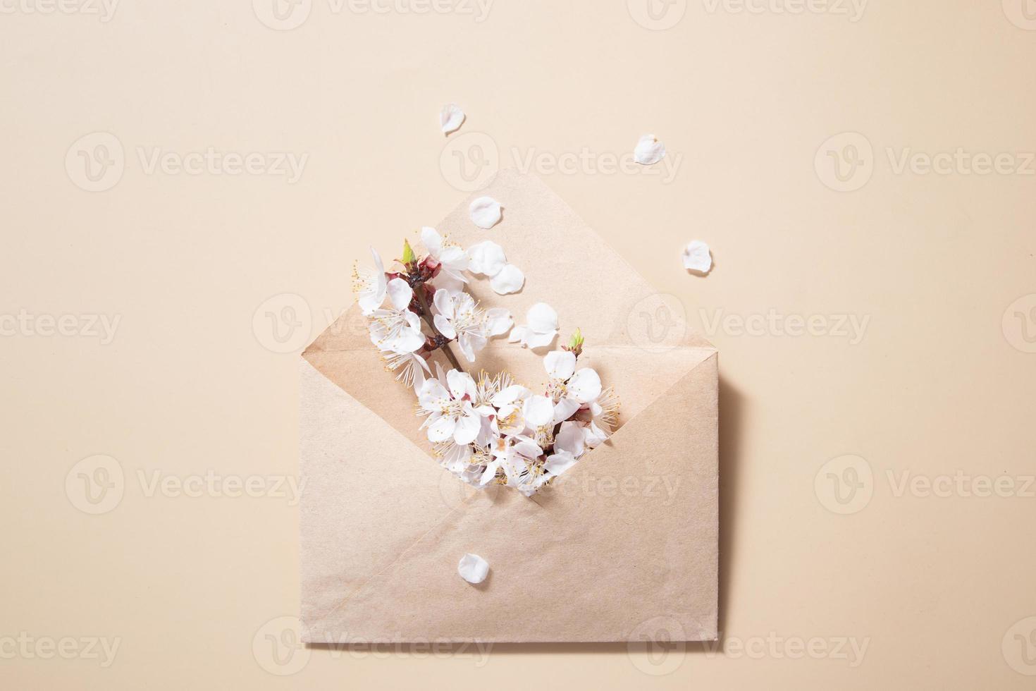 Kraft envelope with a spring twig and white spring flowers on a beige background photo