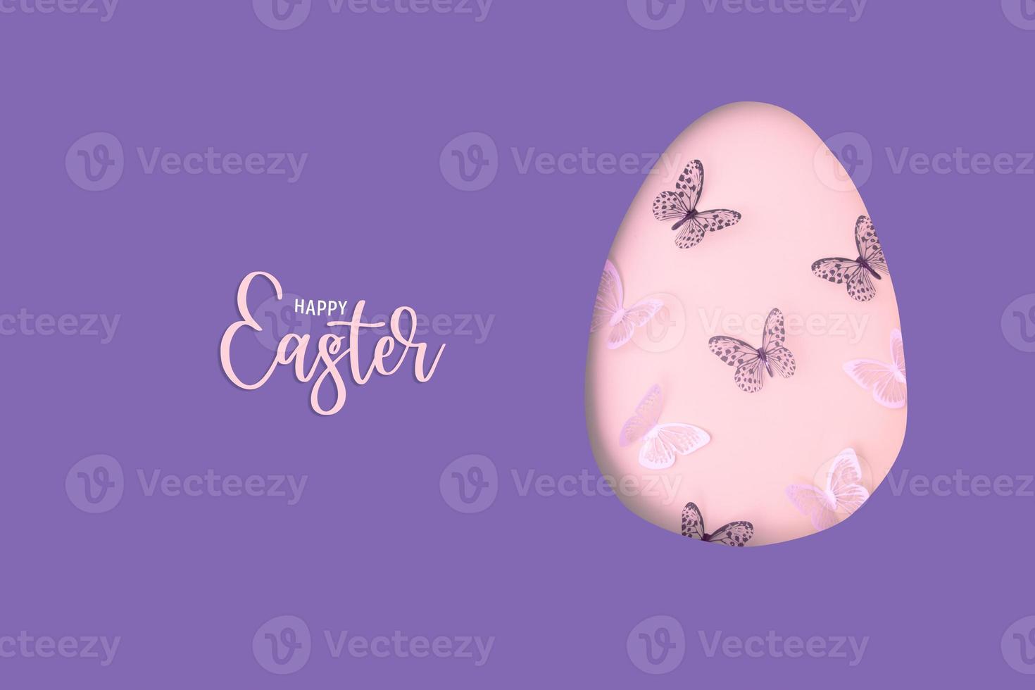 Happy Easter text with Easter egg cut out of paper and butterflies. Creative Easter holiday greeting card on very peri color background. photo