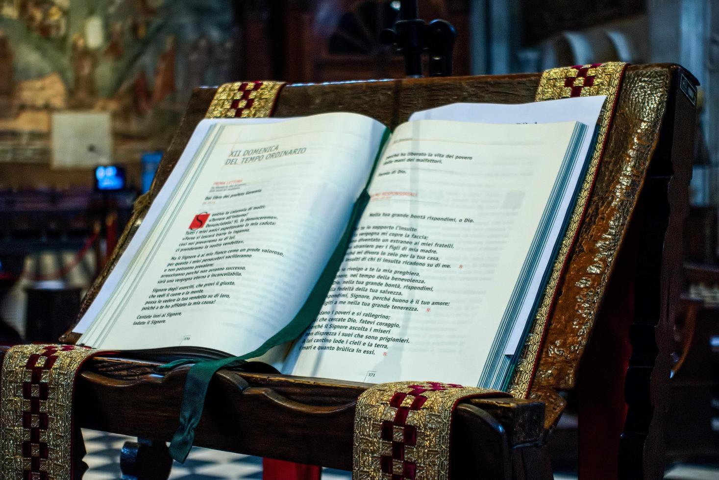 BERGAMO, LOMBARDY, ITALY, 2017. Book on Display in the Basilica di Santa Maria Maggiore photo