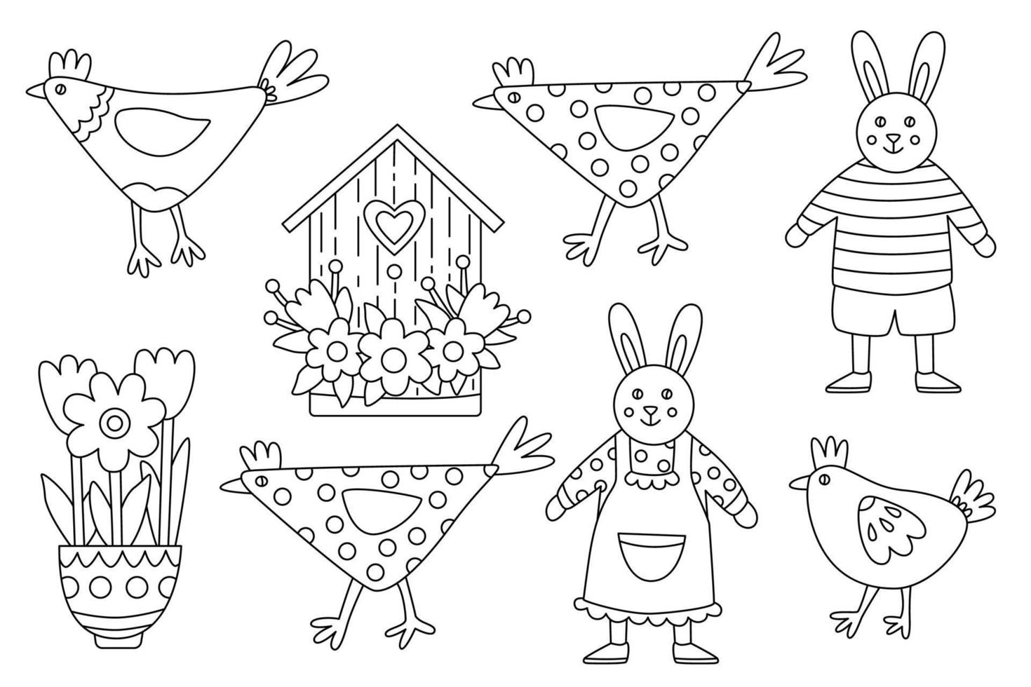 Set with cute animals. Funny hens, rabbit or bunny kids and daisy flowers. Spring hand drawn doodle vector illustration black outline. Great for Easter design.