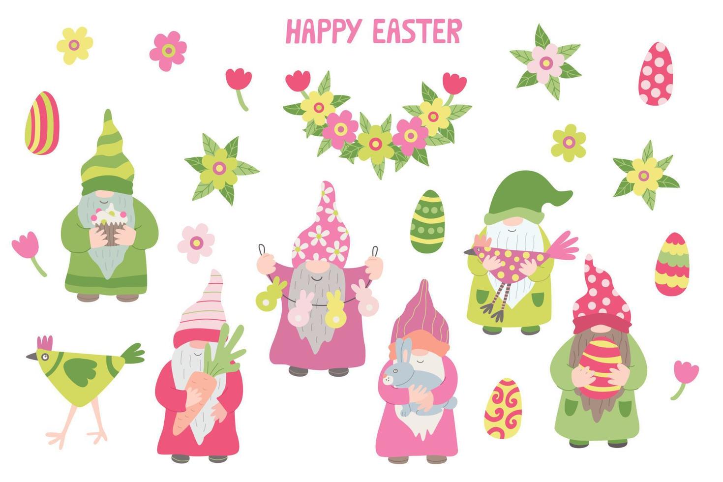 ambientado con lindos animales. gallinas divertidas, conejos o conejitos y flores de margarita. Ilustración de vector plano dibujado a mano de primavera. genial para el diseño de Pascua.