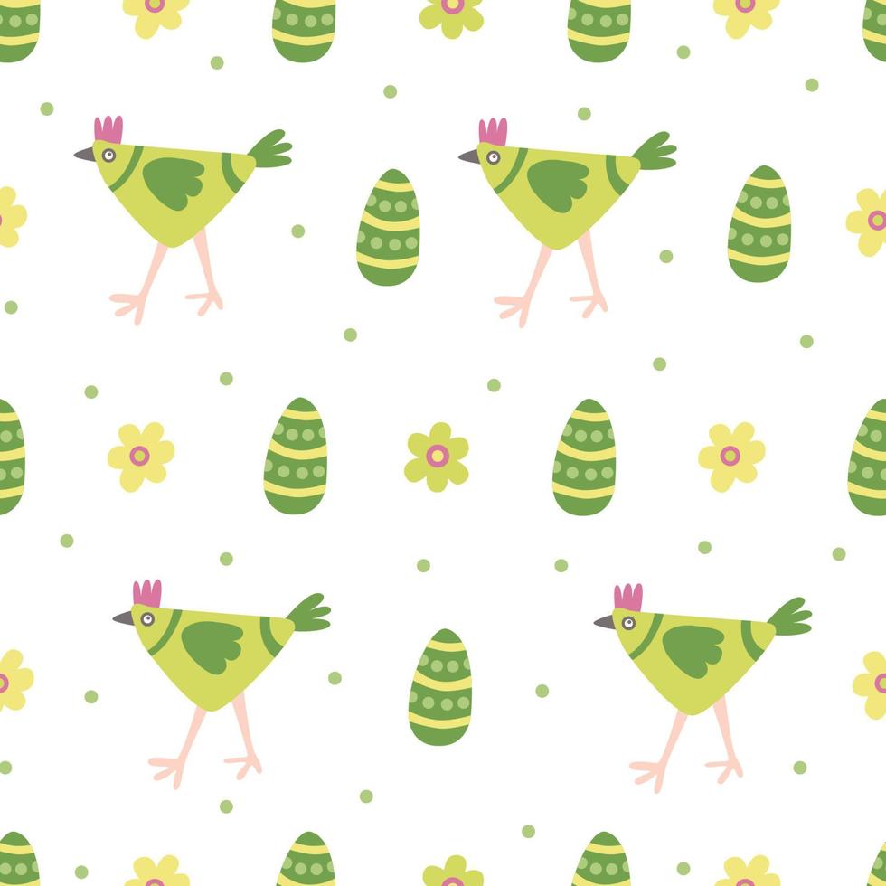 Seamless pattern with colorful decorative green hens, eggs and chamomile flowers. Great for fabric, wrapping papers, Easter design. Hand drawn flat  illustration on white background vector