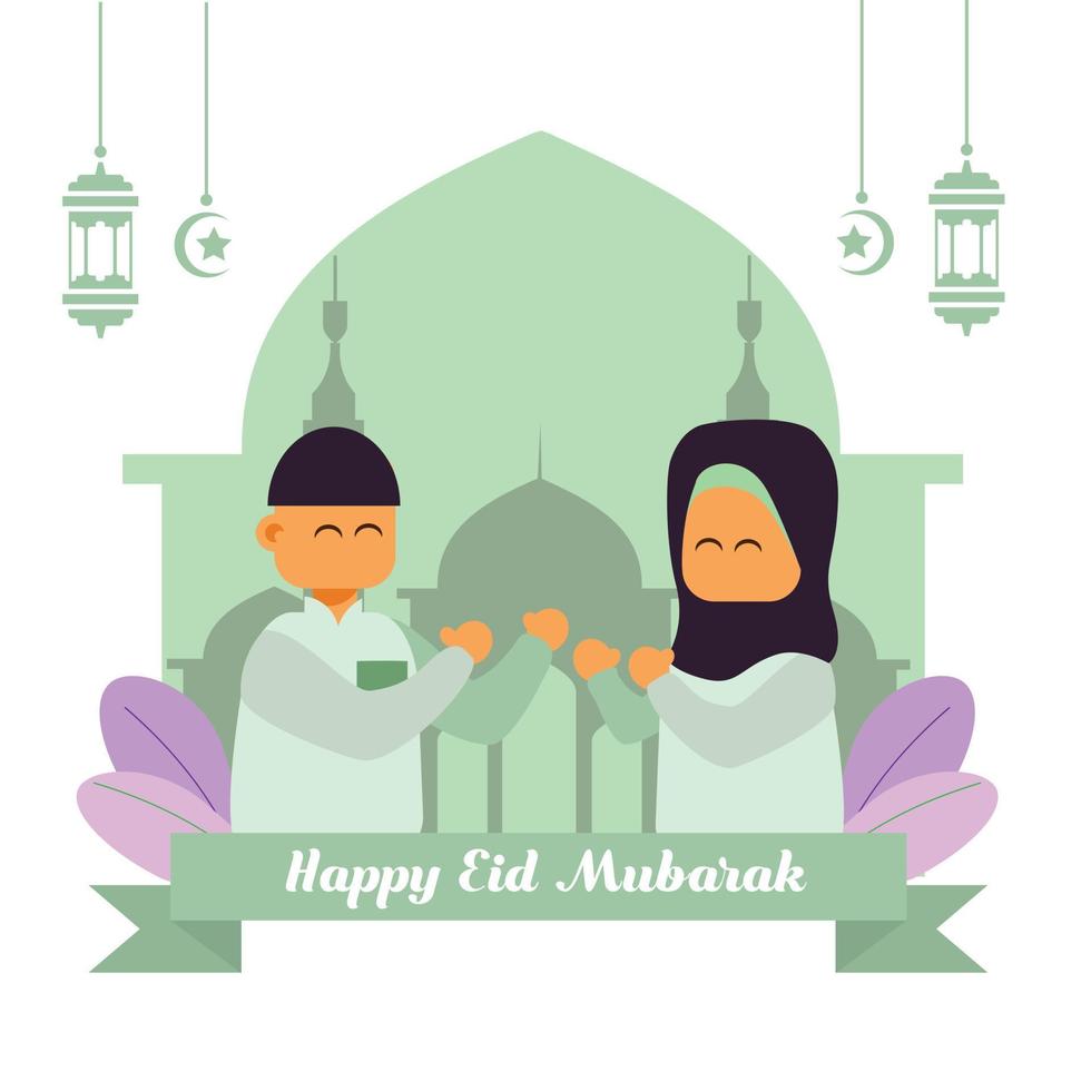 Eid Mubarak Vector design with illustration of islamic male female in hijab with background of silhouette mosque lantern free editable