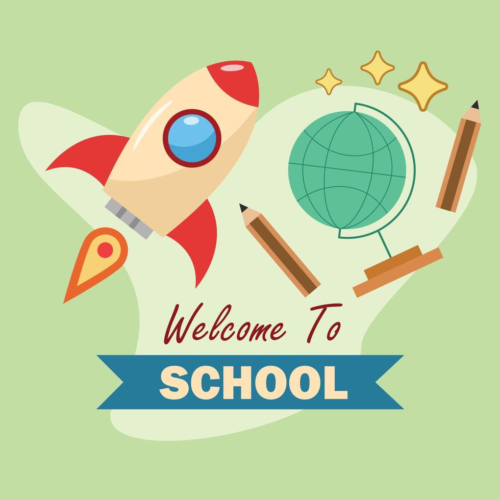 Back to School Emblem with Rocket and Pencil Vector Illustration