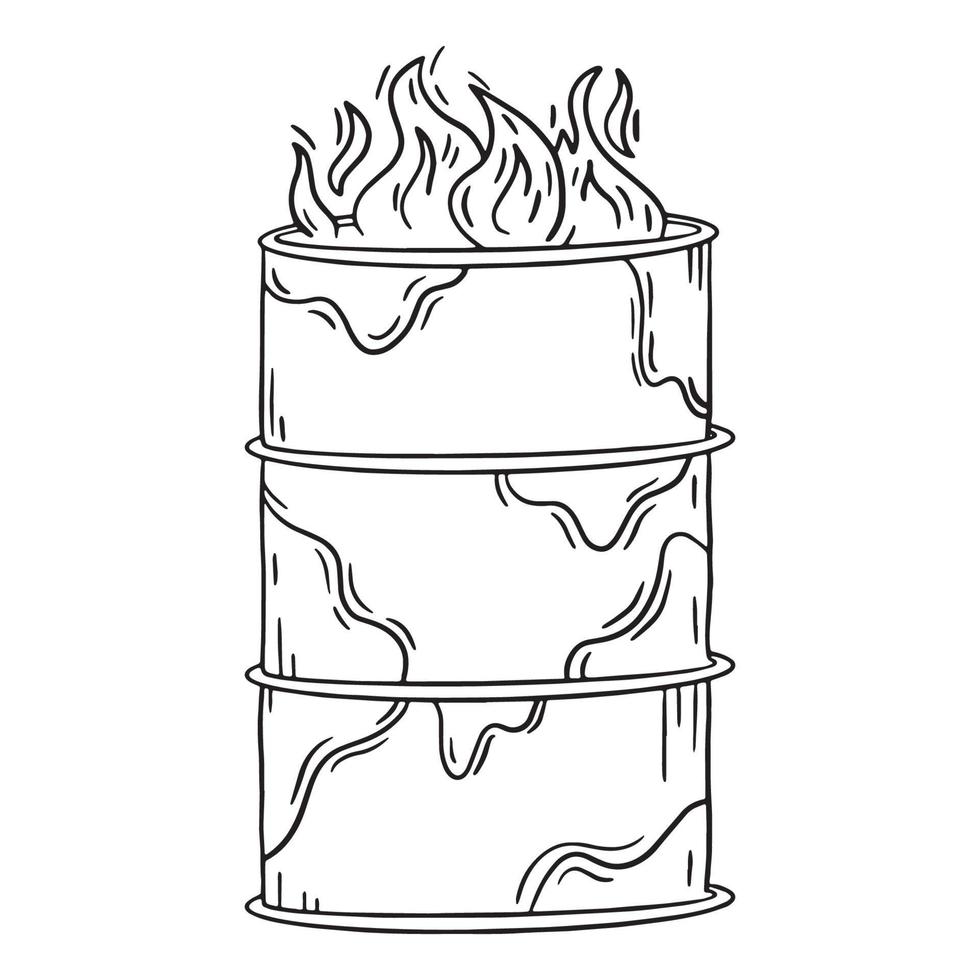 Fire barrel for homeless people vector linear icon in doodle sketch style. Flames in a rusty metal trash can for warming