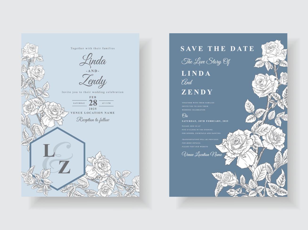 tarjetas de invitación de boda con hermoso arte de línea rosa vector