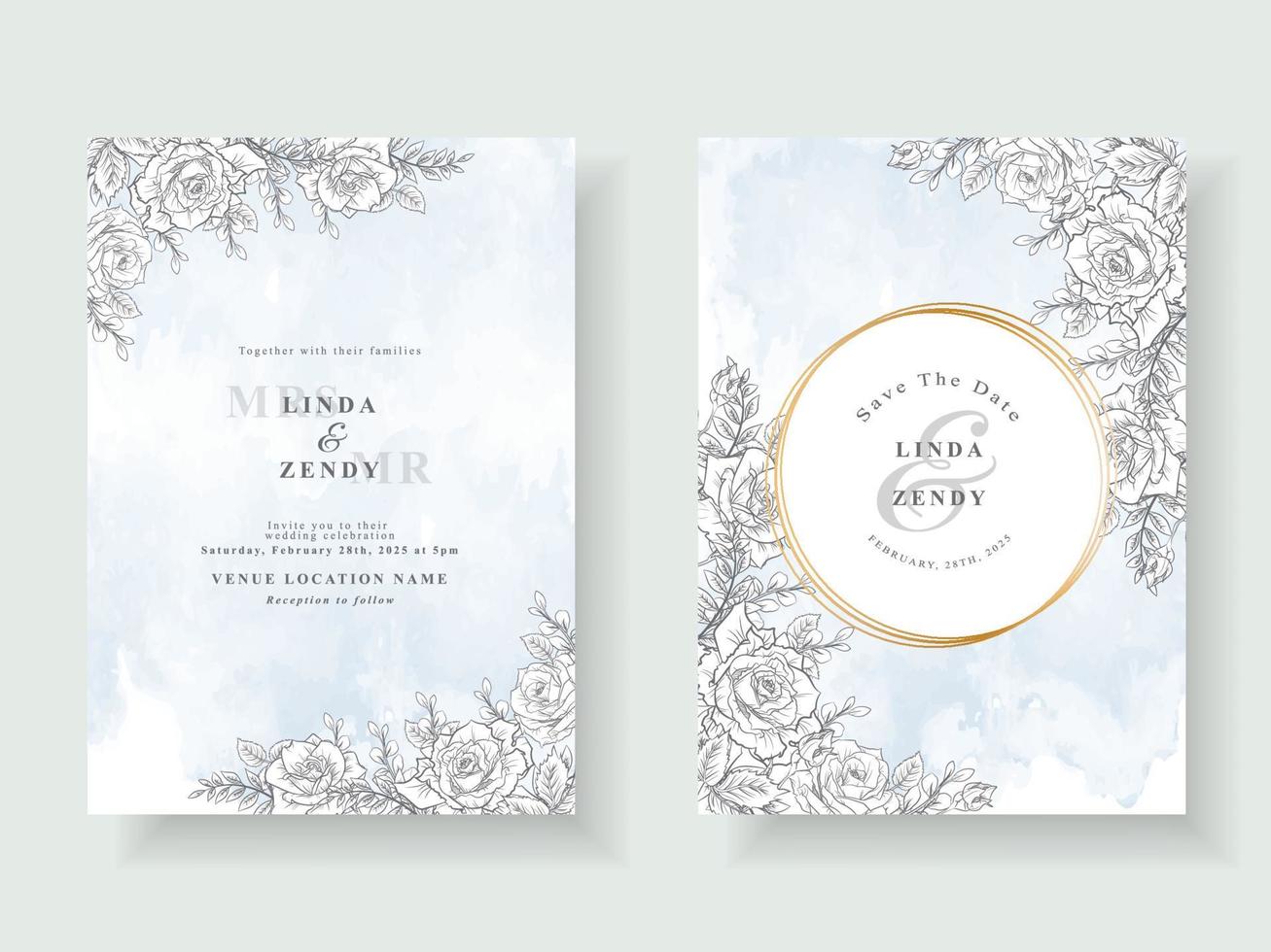 Wedding invitation cards with beautiful rose line art vector