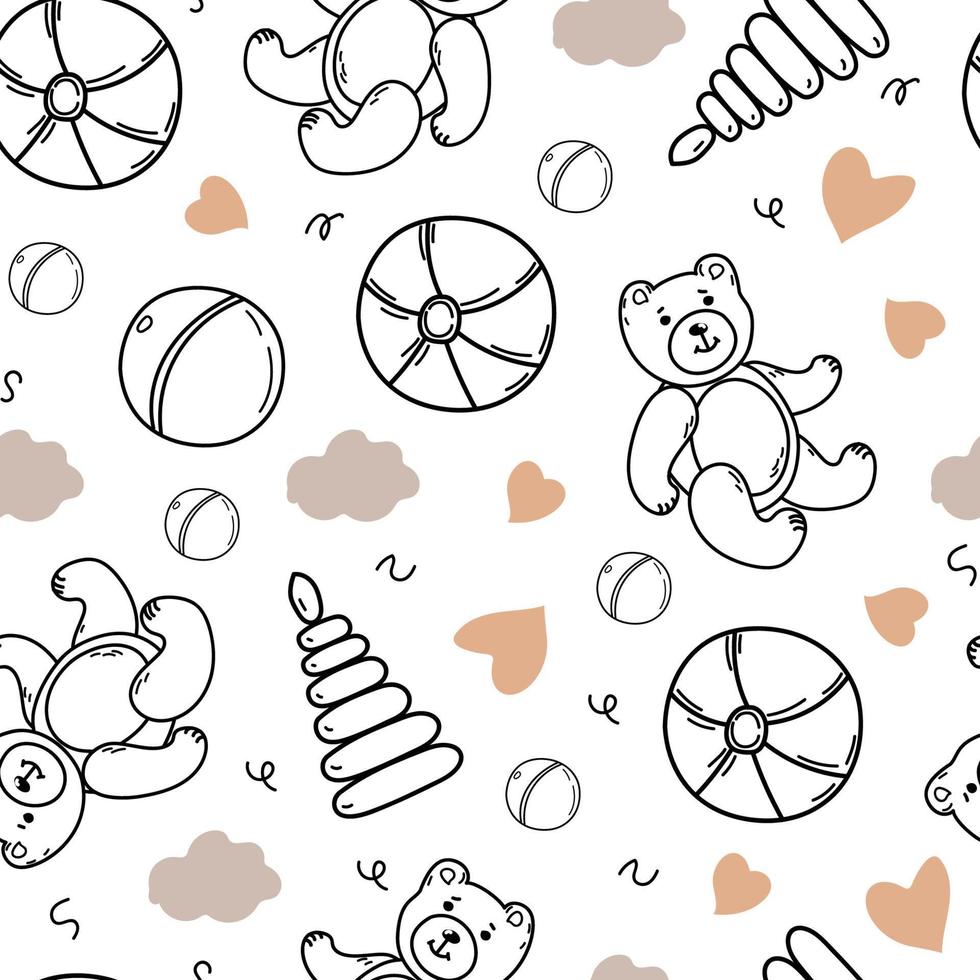 Hand drawn seamless pattern of baby toys, ball, bear, pyramide.. Doodle sketch style.  Baby shower wallpaper, background, textile design vector