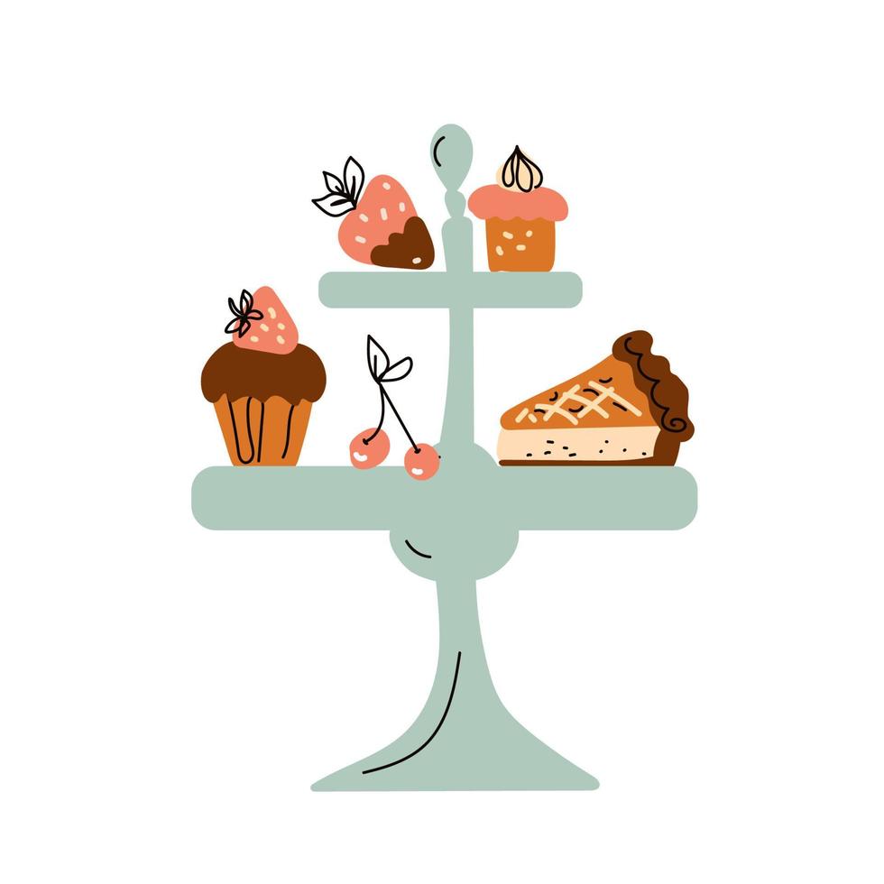 Afternoon tea Stand set with cakes, coffee house icons of desserts. vector