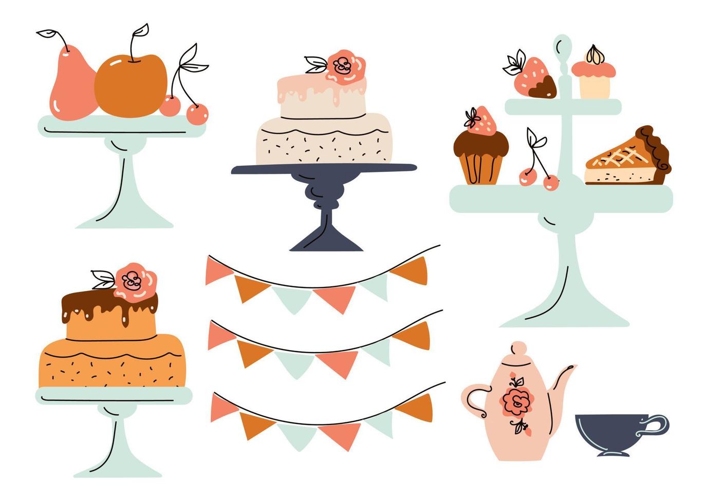 Afternoon tea Stand set with cakes, coffee house icons of desserts vector