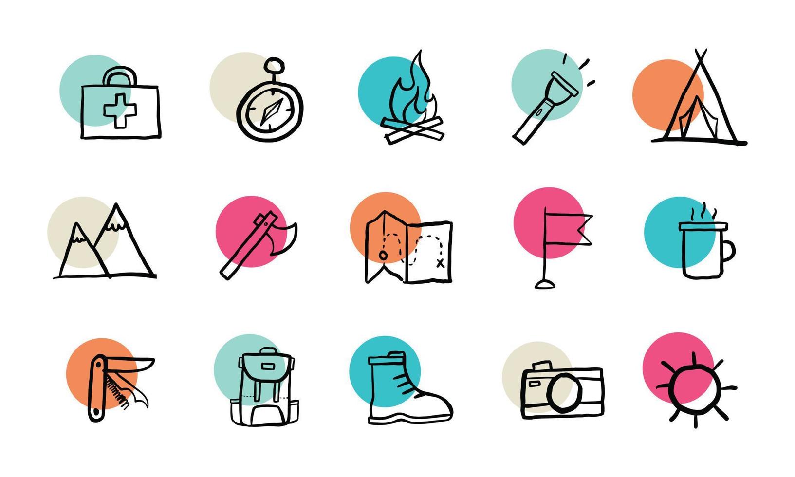 set of outdoor traveling icon design. simple and cute camping hand drawn illustration vector