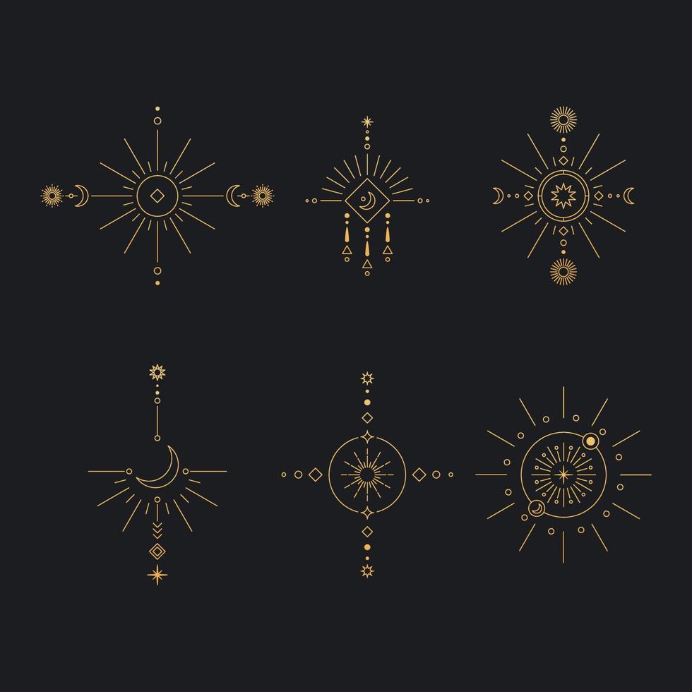 Set of moon and sun line art. Minimal boho linear symbols. Celestial mystic element. Vector line art illustration.