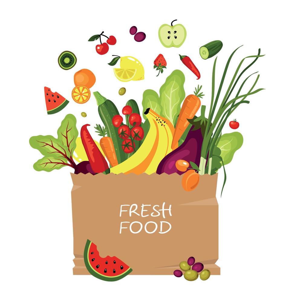 Healthy fresh food in a paper bag. Set for grocery shopping. vector