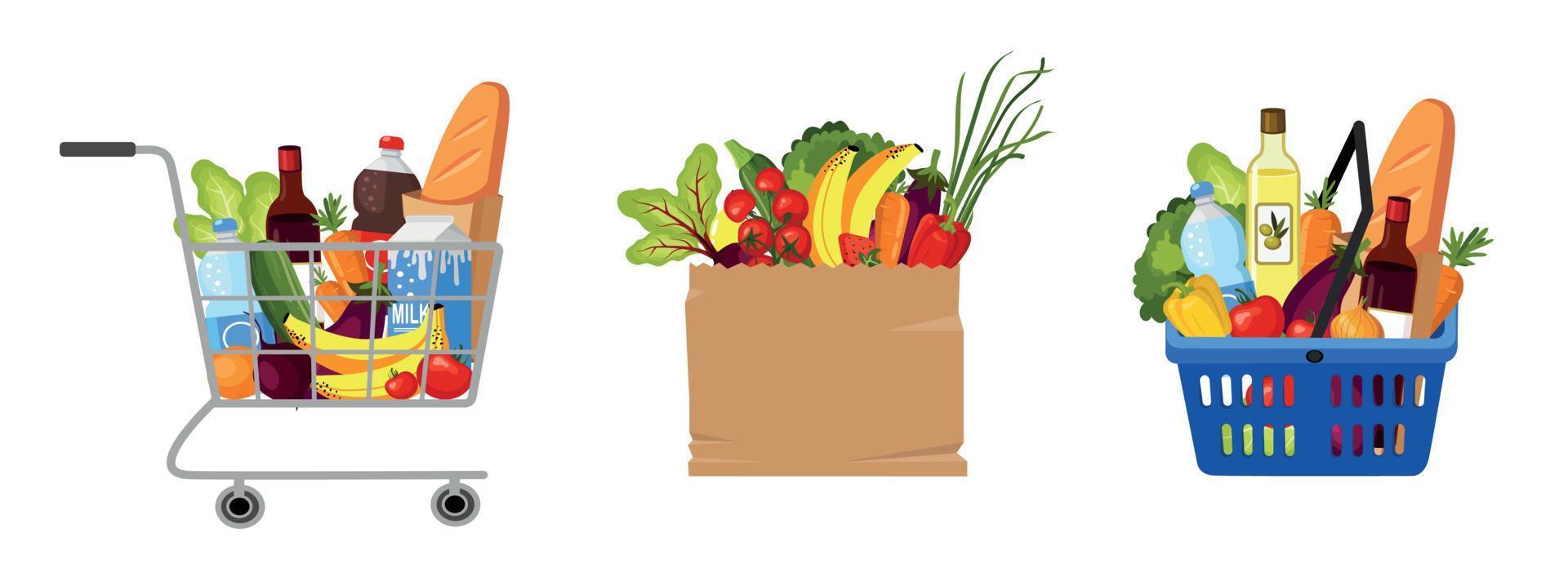Shopping cart, food baskets. Sets for grocery shopping. vector