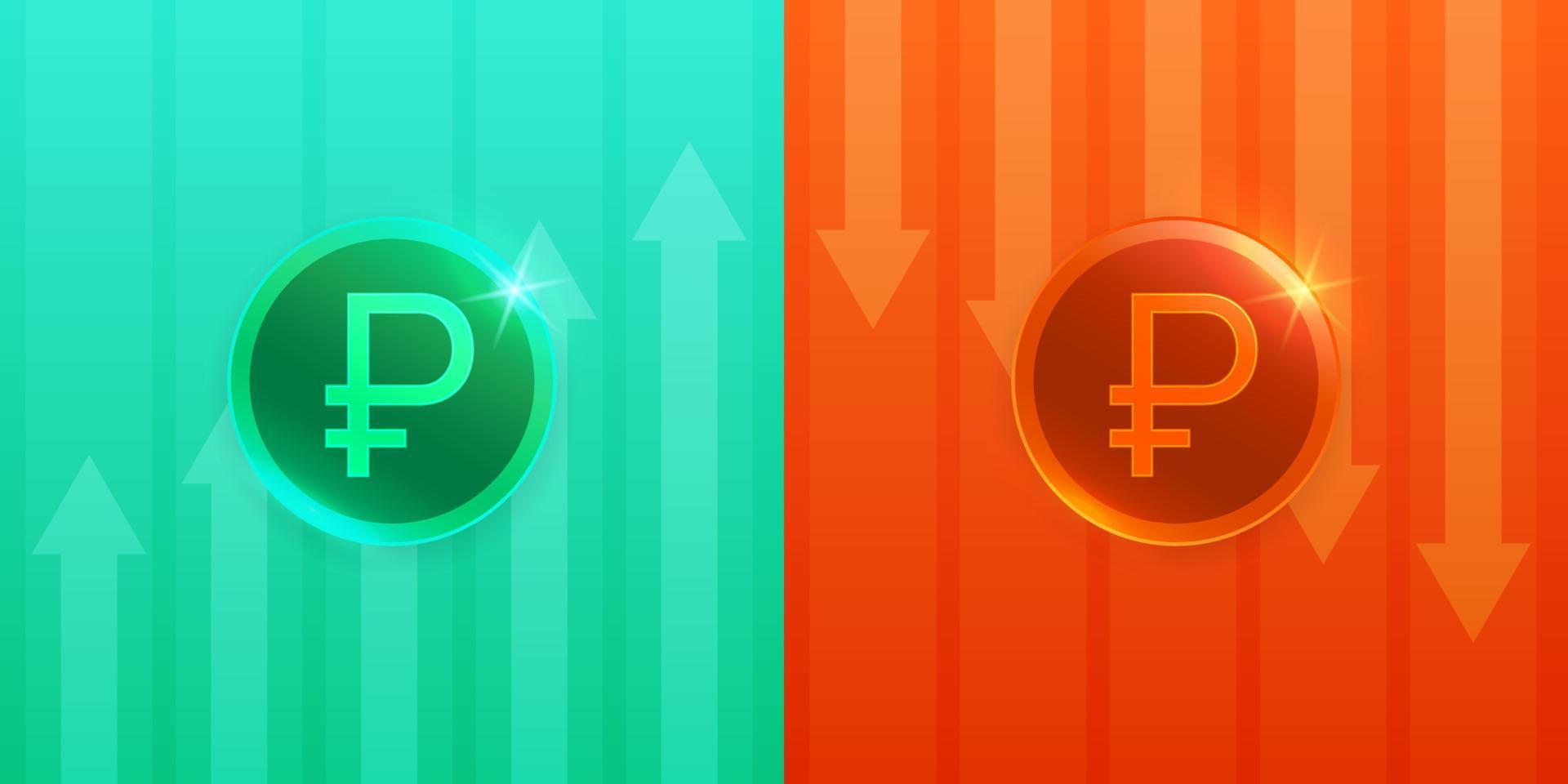 Cost russian ruble up and down sign with arrow. vector