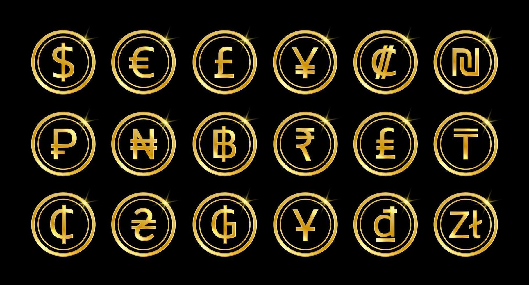 World golden currency icons and symbols. vector