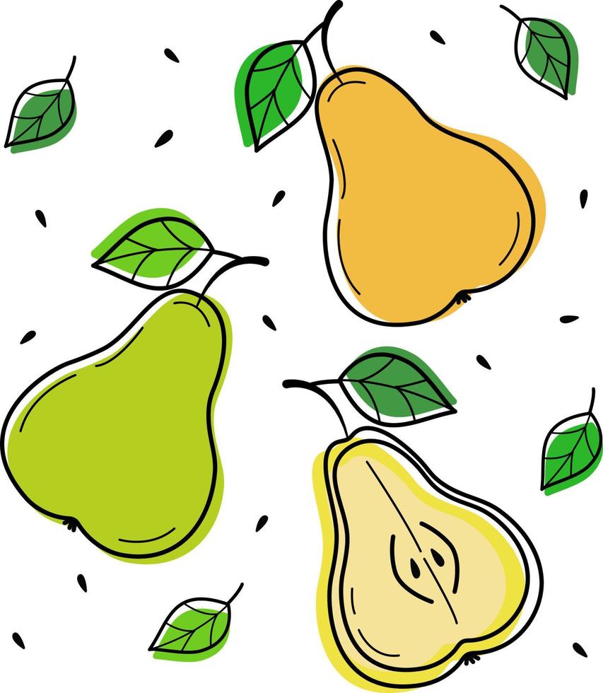Vector illustration of pears on a white background. Isolated elements for design.Stock illustration about gardening, used for menus, advertisements and covers, children's books, food illustrations