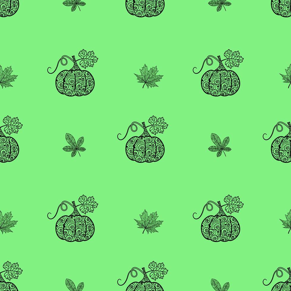 Seamless pattern with pumpkins and maple leaves. Vector isolated background with pumpkins and maple leaves.Texture for textiles and wrapping paper, wallpaper, print for clothes. For Halloween.