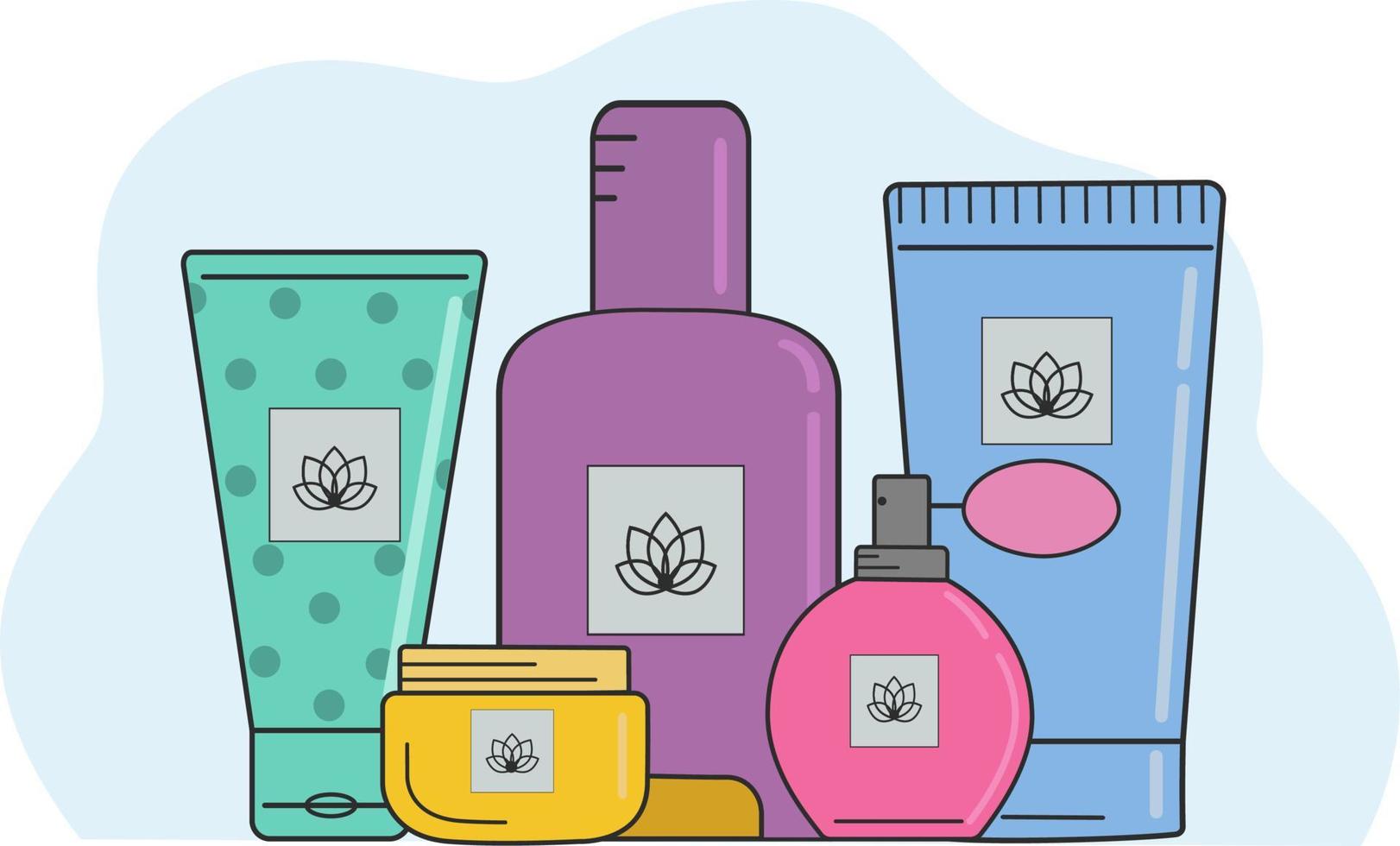 Vector hand-drawn illustration of cosmetic products for skin care.  Illustrations for websites, magazines and applications