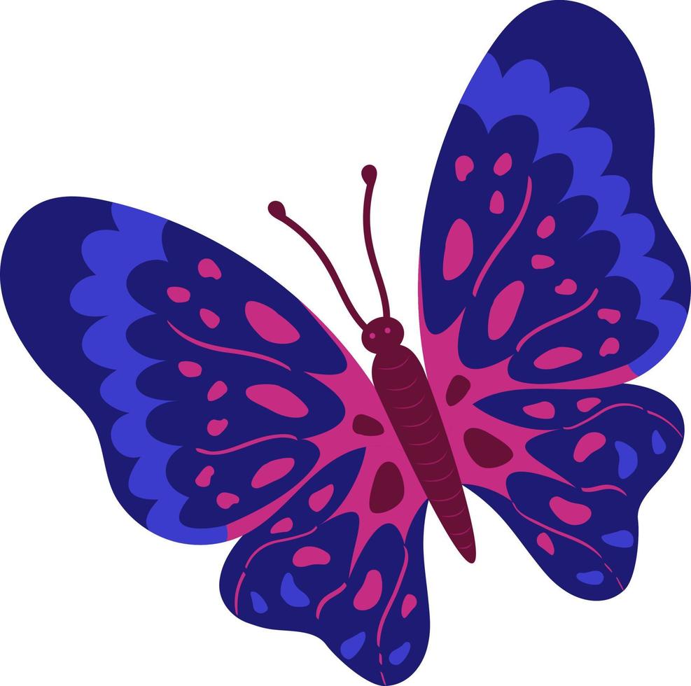 A bright illustration of a blue butterfly on a white background, a vector butterfly, an idea for a logo, coloring books, magazines, printing on clothes, advertising. Beautiful butterfly illustration.