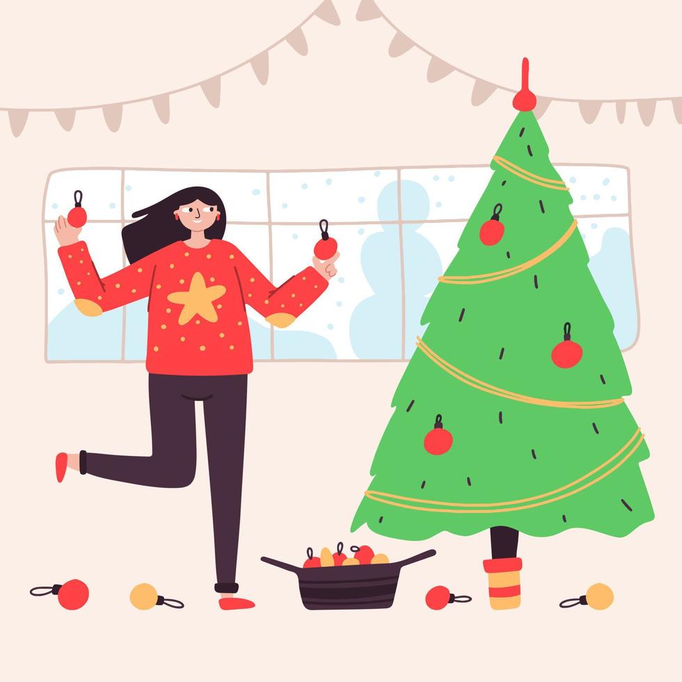 A woman decorates a Christmas tree. Christmas. New Year holidays and house. Hand draw style vector