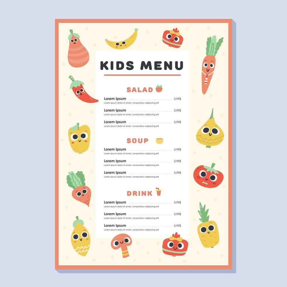 Kids menu. Cute colorful hand drawn vector template. Kids menu design for party, cafe. Healthy vegetables and fruits