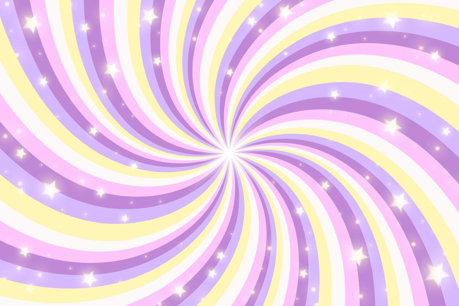 Rainbow swirl background with stars. Radial unicorn rainbow of twisted spiral. Vector illustration.