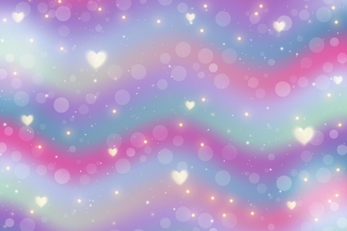 Cute cartoon girly background. Lilac waves with bokeh and hearts for Valentine day decoration. Fantasy background. Vector