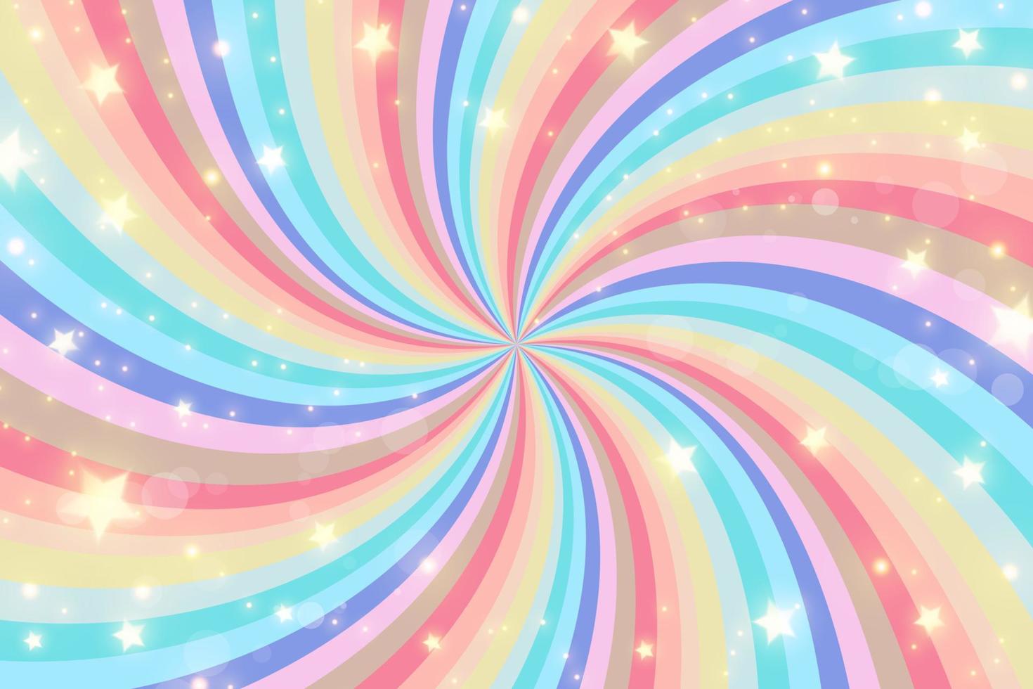 Rainbow swirl background with stars. Radial unicorn rainbow of twisted spiral. Vector illustration