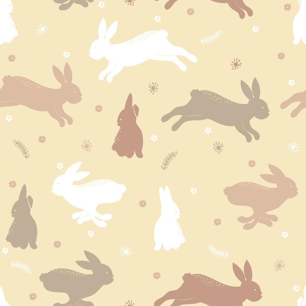 Rabbits and spring flowers vector seamless pattern on yellow background for kids - for fabric, wrapping, textile, wallpaper, background.