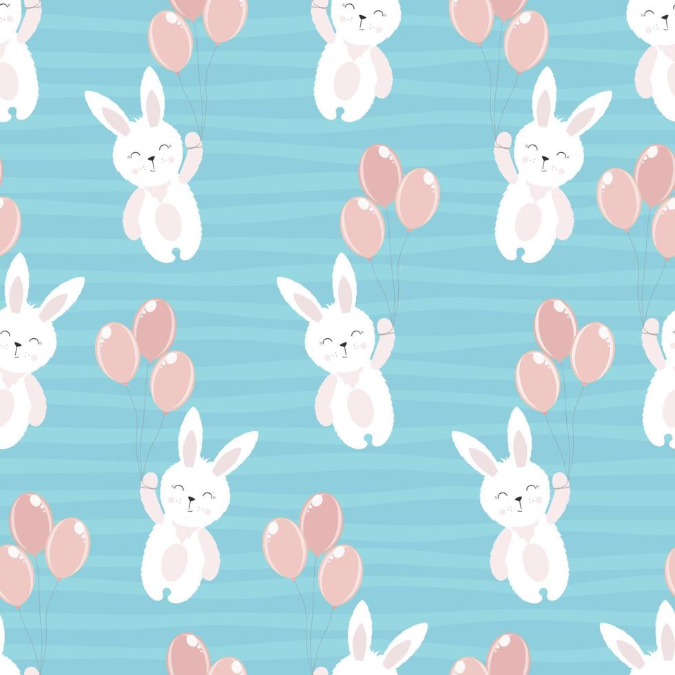 Seamless cute pattern smile rabbit with balloons. Funny seamless pattern on strips background vector
