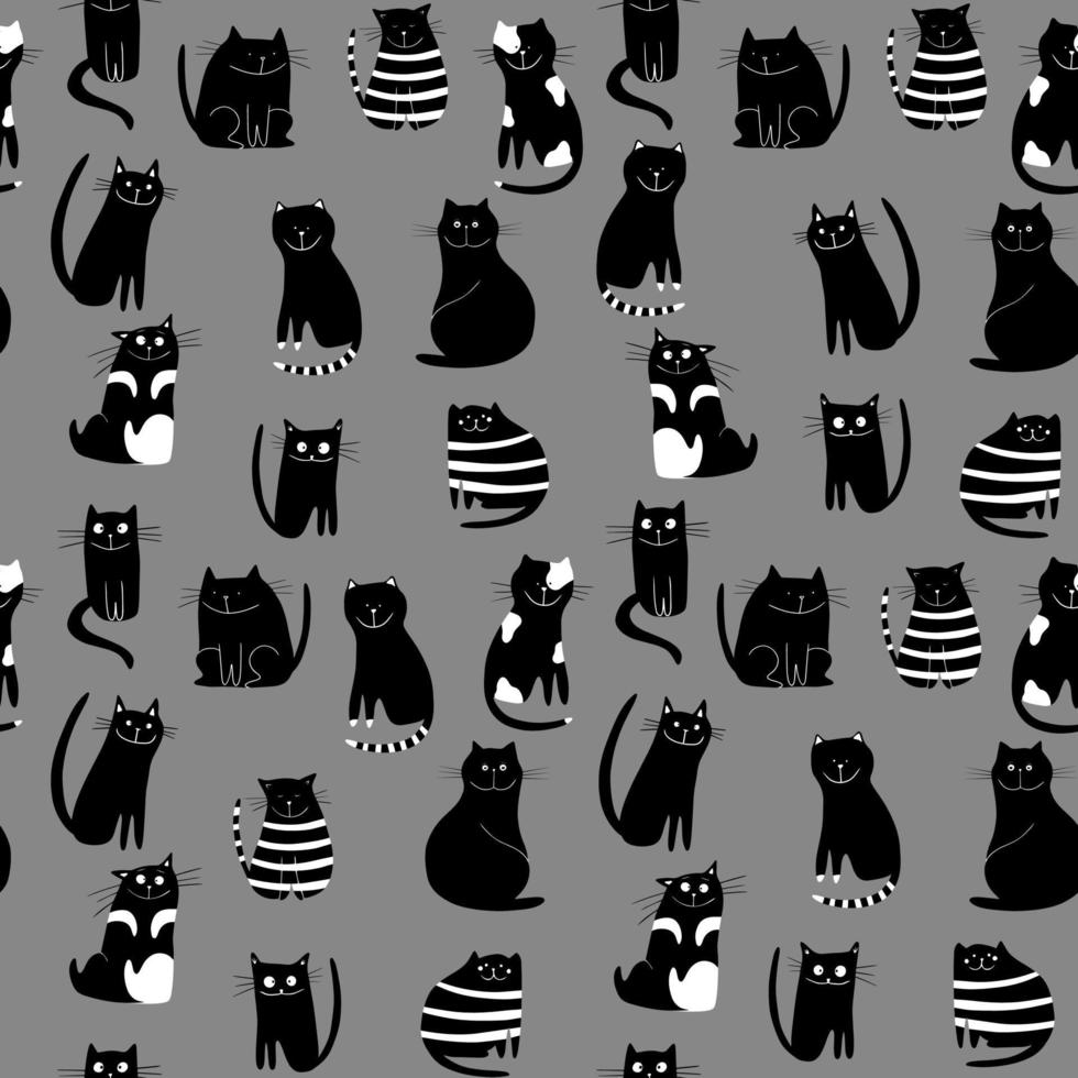 Seamless black and white cartoon cats, hand drawn. Funny seamless pattern vector