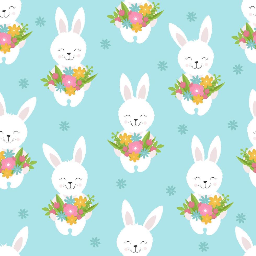 Seamless cute pattern smile rabbit with flowers. Funny seamless pattern on blue background vector