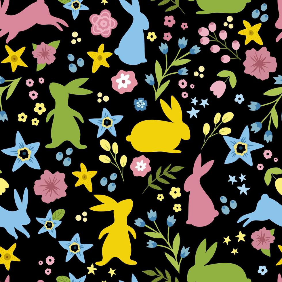 Easter seamless pattern. Colorful rabbits, flowers and leaves on a black background.flowers and leaves on a white background. vector