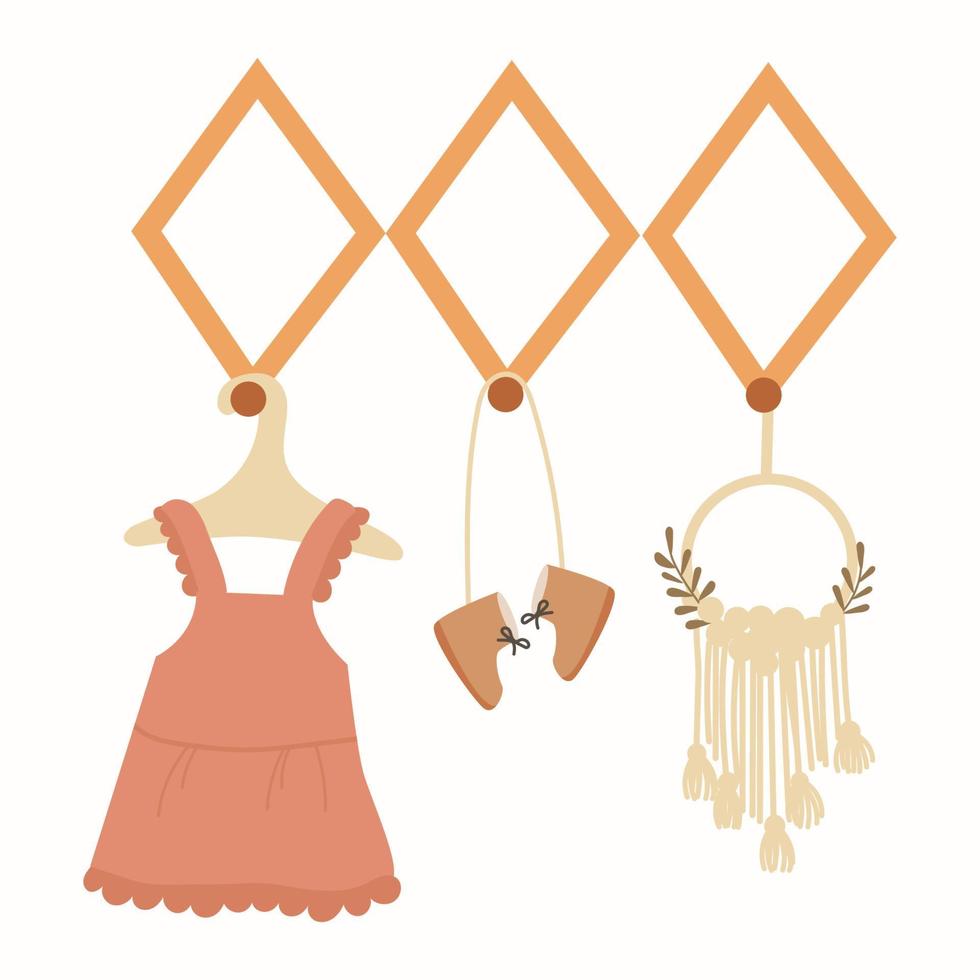wall rhombus shelf in boho style, with clothes and shoes, dress and boots, and macrame. vector illustration of interior decor.