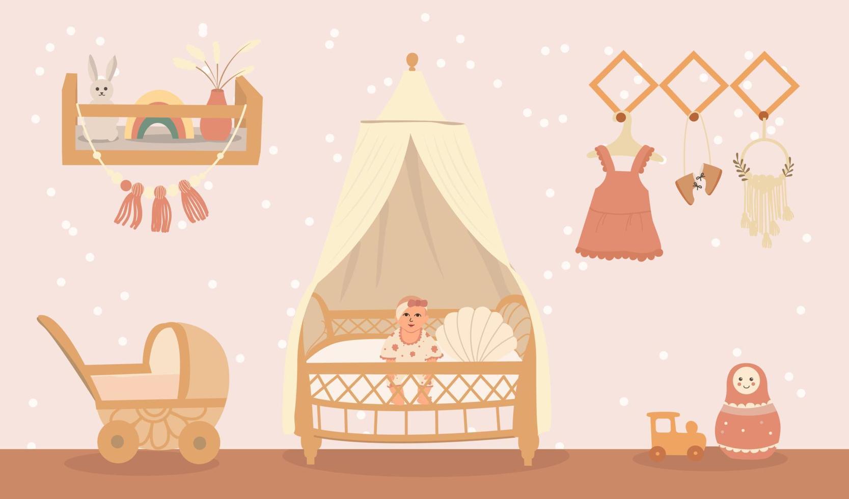 habitación infantil para niña en estilo boho. ilustración vectorial en un estilo plano. el concepto del interior de la habitación de los niños. vector